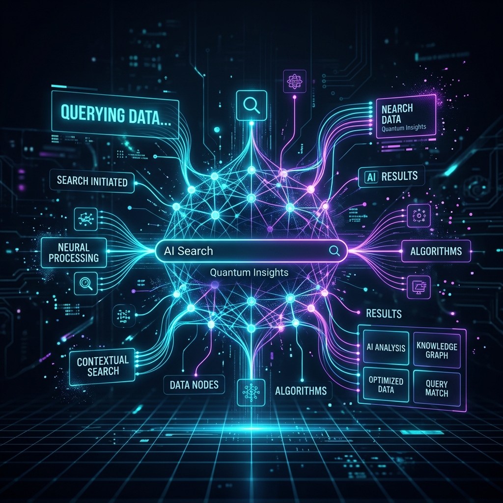 AI processor chip on a dark circuit board representing AI-powered search technology